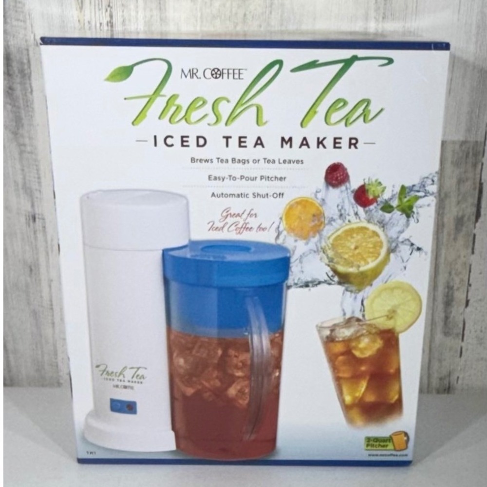 Mr. Coffee Fresh Tea Iced Tea Maker 2-Quart White Blue TM1 Automatic Shut-Off